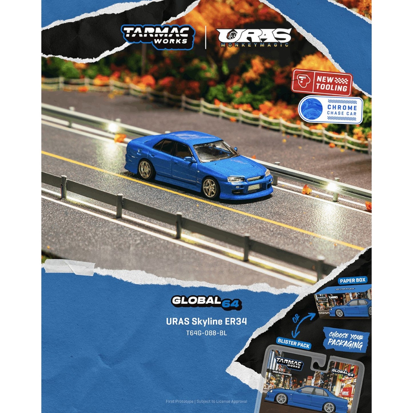 Tarmac Works - Pre-Order - Nissan Skyline ER34 Uras, blue - T64G-088-BL