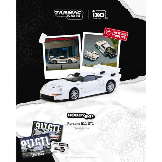 Tarmac Works x IXO - Pre-Order - Porsche 911 GT1, white + Trading Cards - T64P-004-WH