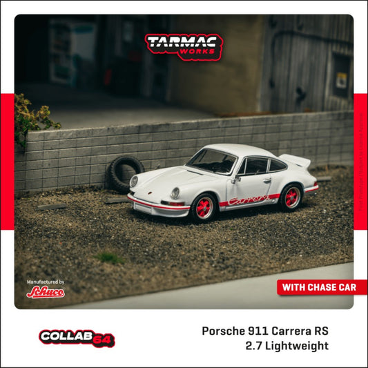 Tarmac Works x Schuco - Pre-Order - Porsche 911 Carrera RS 2.7 Lightweight, white/red - T64S-023-WR