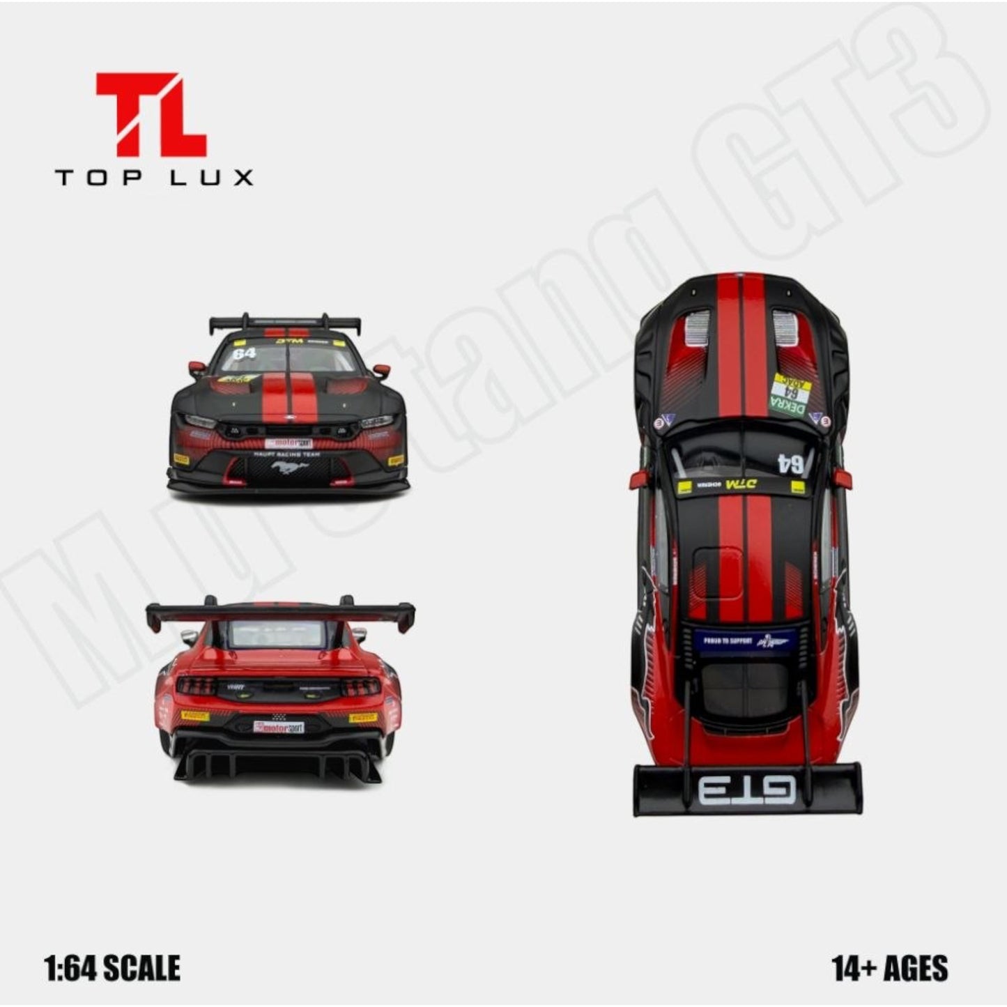 TopLux - Pre-Order - Mustang GT3 - DTM 2025, black-red #64 - TL64-MUS-GT3