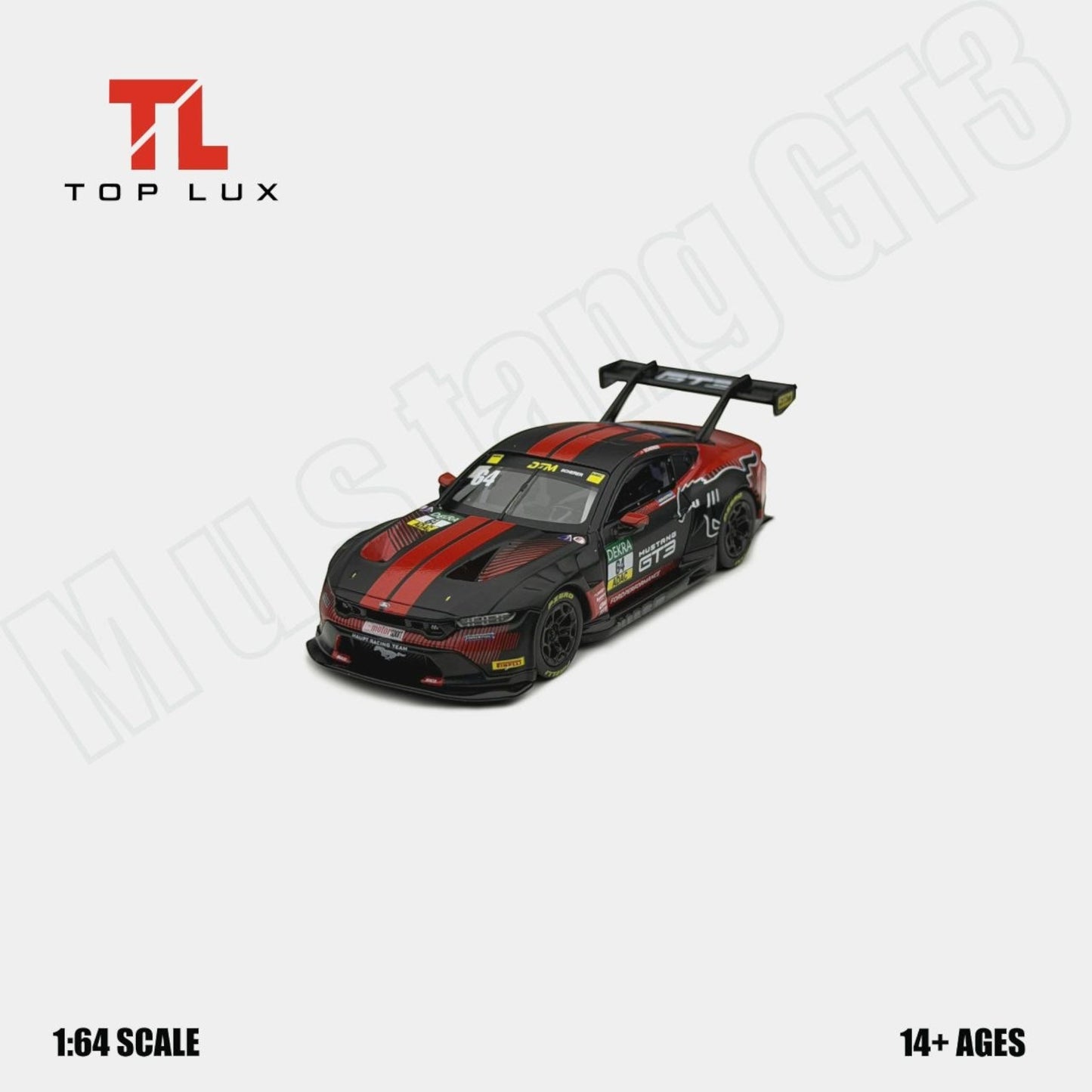 TopLux - Pre-Order - Mustang GT3 - DTM 2025, black-red #64 - TL64-MUS-GT3