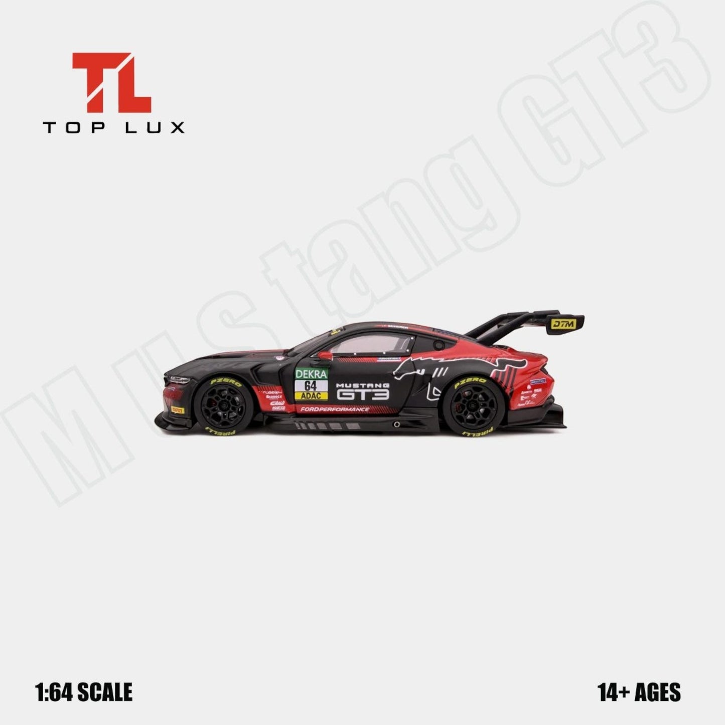 TopLux - Pre-Order - Mustang GT3 - DTM 2025, black-red #64 - TL64-MUS-GT3