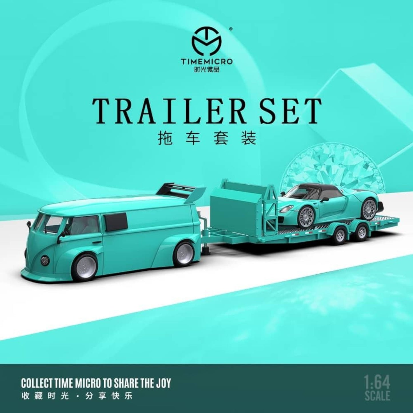 Time Micro - Pre-Order - VW T1 Van + Porsche 918 Trailer Set, Tiffany Blue - TM642925-T