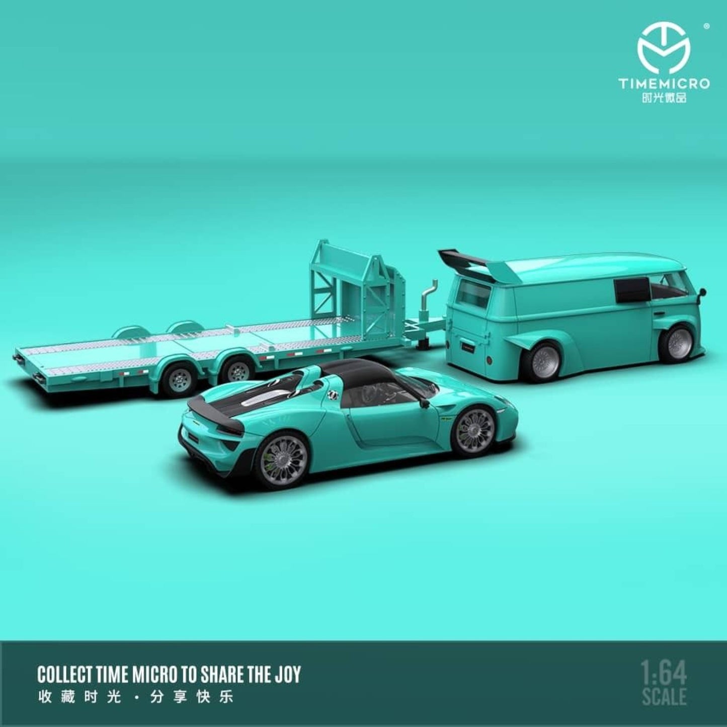 Time Micro - Pre-Order - VW T1 Van + Porsche 918 Trailer Set, Tiffany Blue - TM642925-T
