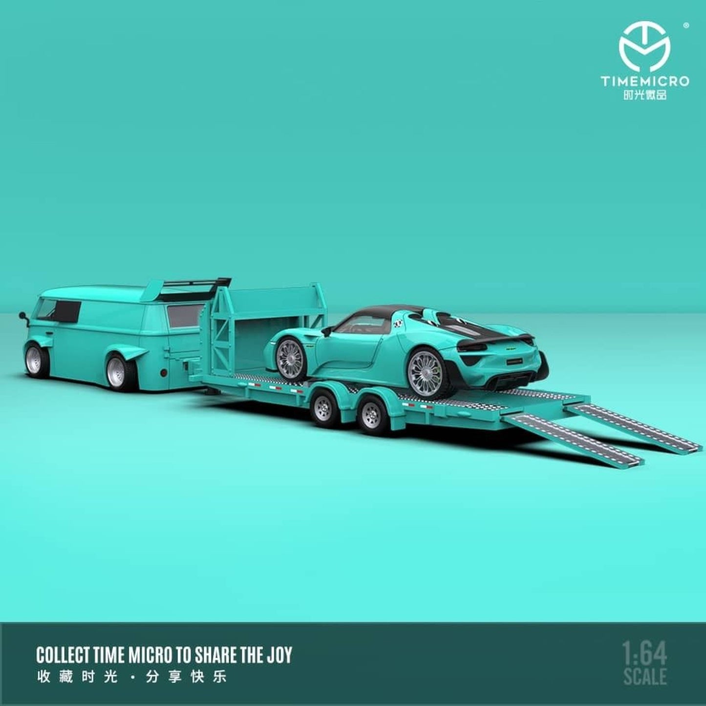 Time Micro - Pre-Order - VW T1 Van + Porsche 918 Trailer Set, Tiffany Blue - TM642925-T