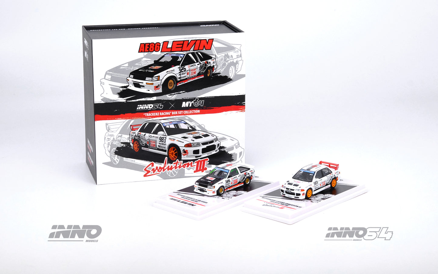 INNO64 - Toyota Corolla Levin AE86 #326 & Mitsubishi Lancer EVO III #963 *Trackerz Racing* set of 2