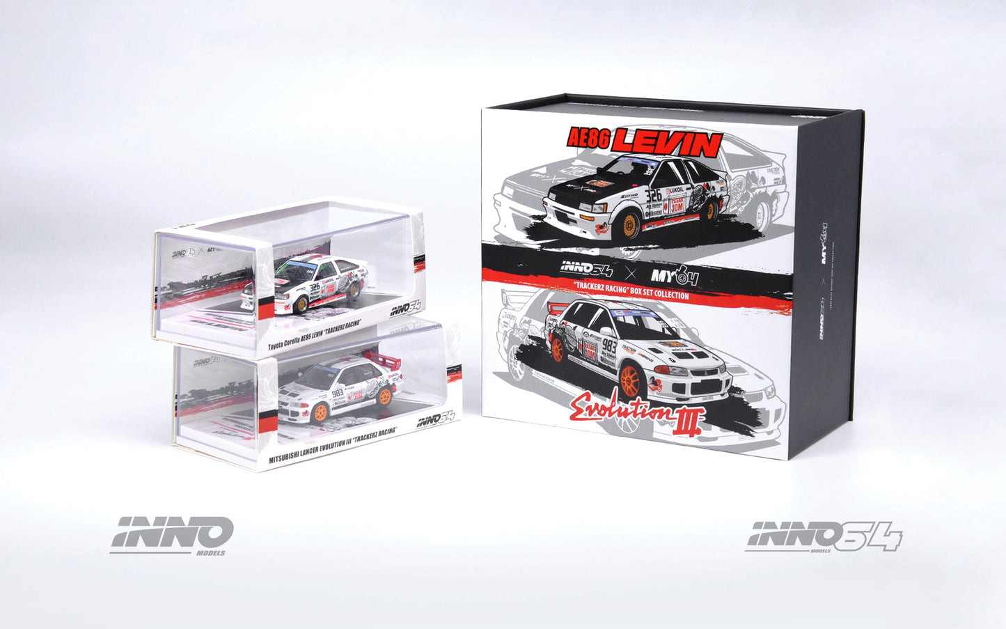 INNO64 - Toyota Corolla Levin AE86 #326 & Mitsubishi Lancer EVO III #963 *Trackerz Racing* set of 2