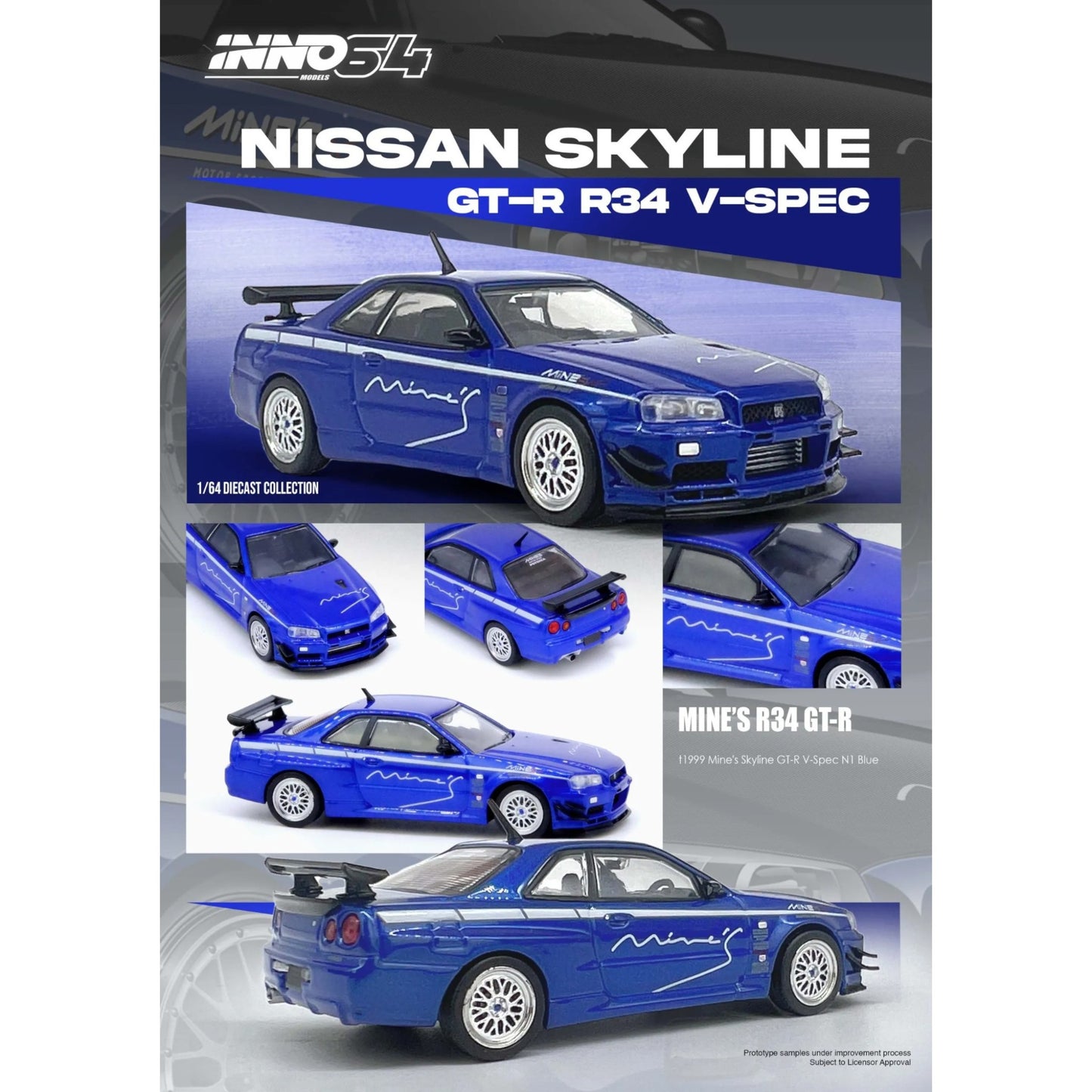 INNO64 - NISSAN SKYLINE GT-R (R34) V-SPEC Tuned by "MINE'S", blue - IN64-R34VS-MINES-BL